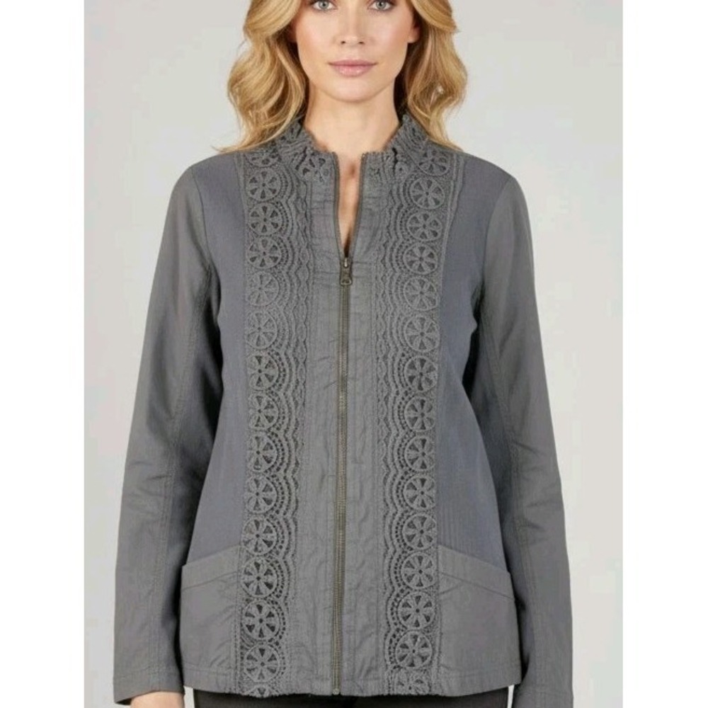 Soft Surroundings Charcoal Grey‎ Lace Placket Zip Up Jacket Size M